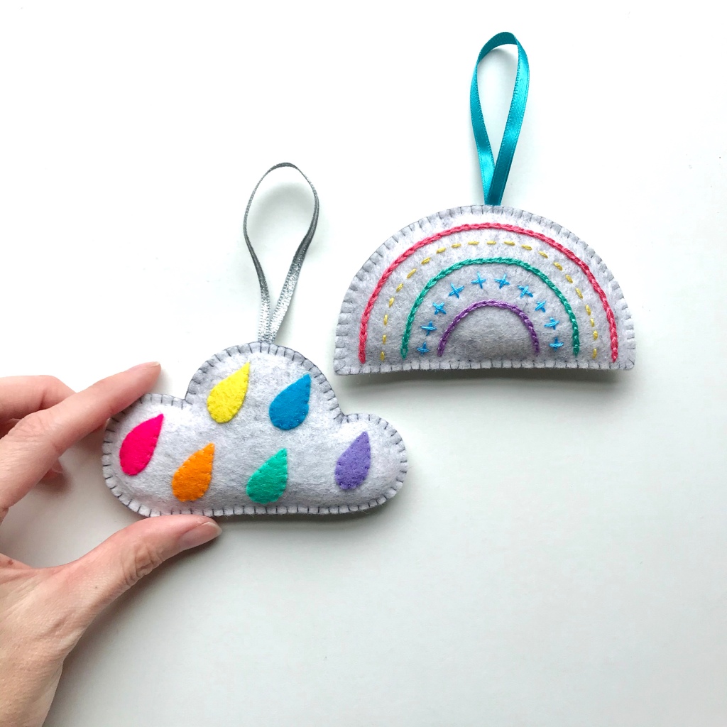 Cloud and rainbow lavender bag close up showing stitch details