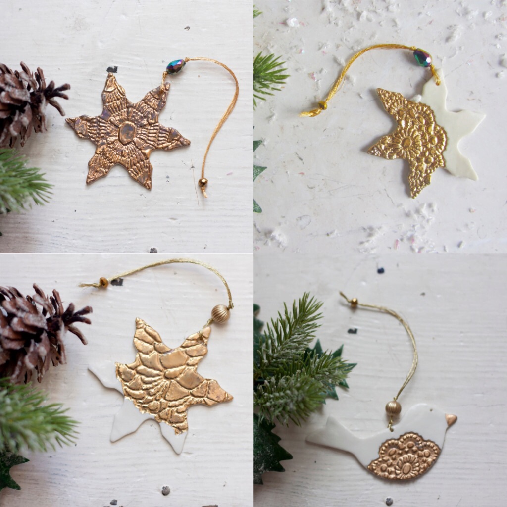 Snowflake decorations made from porcelain and gold lustre